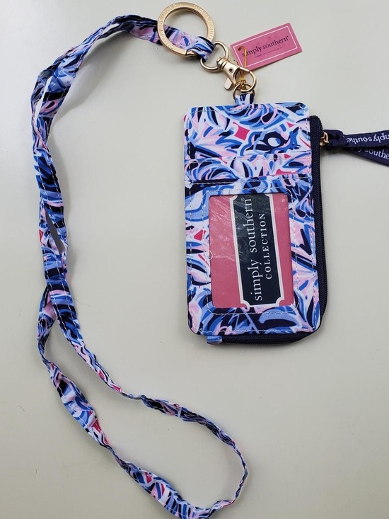 Simply Southern Accessories - Simply Southern Blue and Pink Patterned Lanyard Card & ID Wallet With Zip Pocket